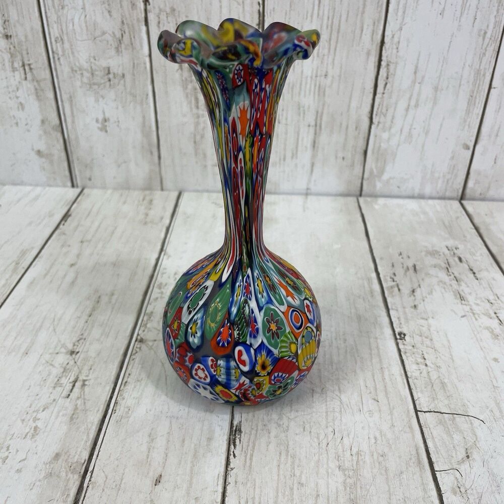 Vintage Fratelli Toso Murano Millefiori Murrine Cane Vase 6.75”